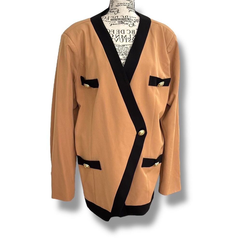 Alexia Admor Size XL Tan Black Trim Button Blazer Jacket 80s Retro Shoulder Pads
